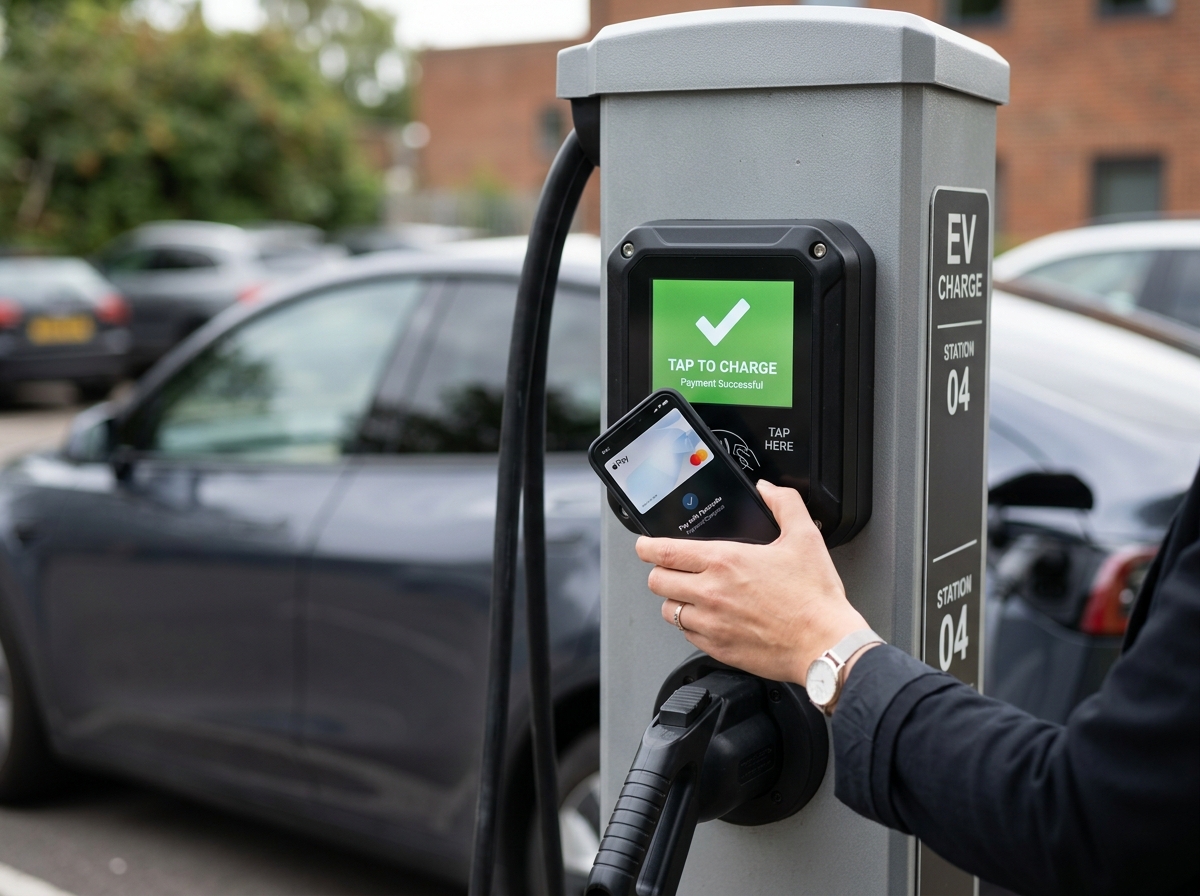 Driver tapping contactless phone payment on unattended EV charging terminal