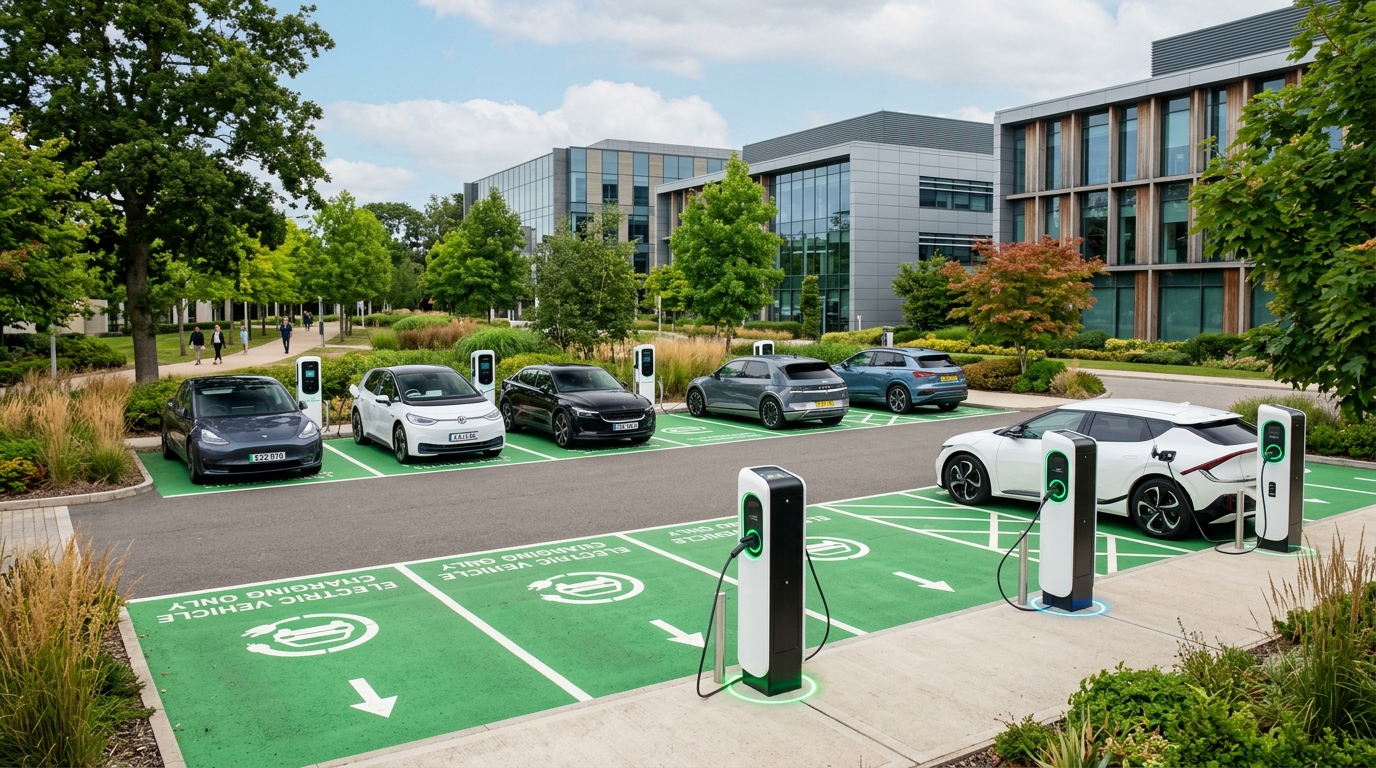 Commercial EV destination charging hub at UK business park with green energy bays